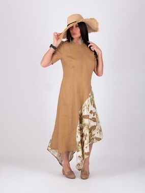 Linen Maxi Dress Boho Asymmetrical Hem Tan/Brown/Green Floral Print 3X/US 22 NWT